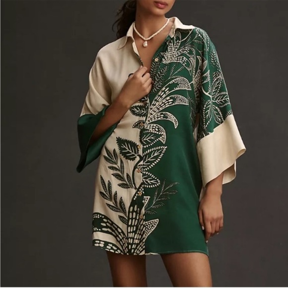 Farm Rio X Anthropologie Leaf Print Collared Mini Dress - Picture 1 of 13